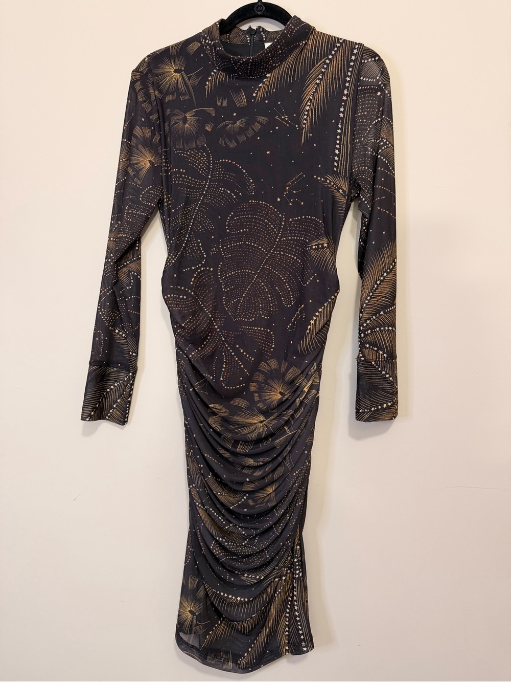 FARM Rio Black Golden Foliage Tulle Midi Dress - Stretch Mesh NWT - Size L - Picture 5 of 10